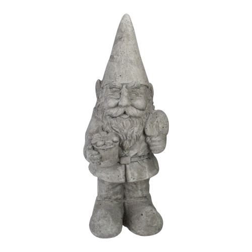 18.5-Inch Gray Gardener Gnome with Shovel and Flower Outside Statue
