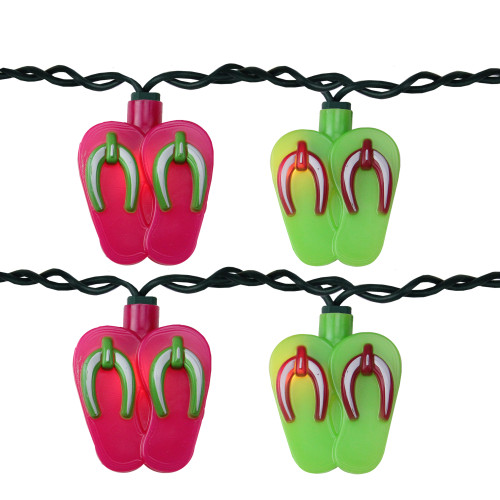 Set of 10 Pink and Green Beach Party Sandal Patio Novelty Lights - 6.5 ft Green Wire