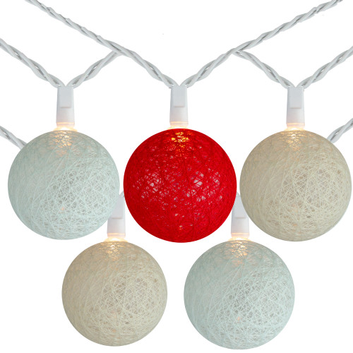 10 Red, Green and Cream Yarn Ball Patio Globe Lights - 8.6 ft White Wire