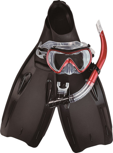 Add Fun to Your Swim with 14+ Years Medium Red Swim Fins, Snorkel, and Goggle Set - Features Safe Tempered Glass Lens Design