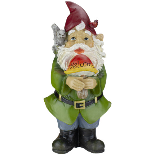 12.5" Welcome Gnome with Squirrel and Cardinal Garden Statue