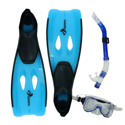 3pc Blue/Black Pro Swimming Pool Snorkeling Set - Dry-Top Snorkel & Silicone Skirt - Medium 21"