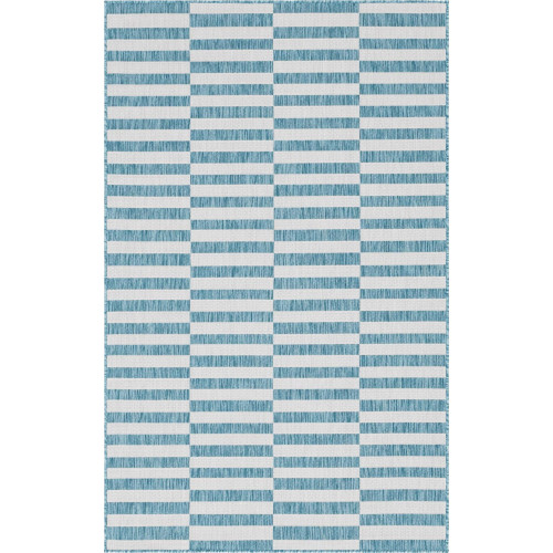 5' x 8' Blue and Ivory Striped Rectangular Outdoor Area Throw Rug