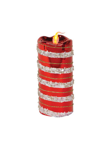 6” Flameless LED Glass Red and White Striped Decorative Pillar Candle