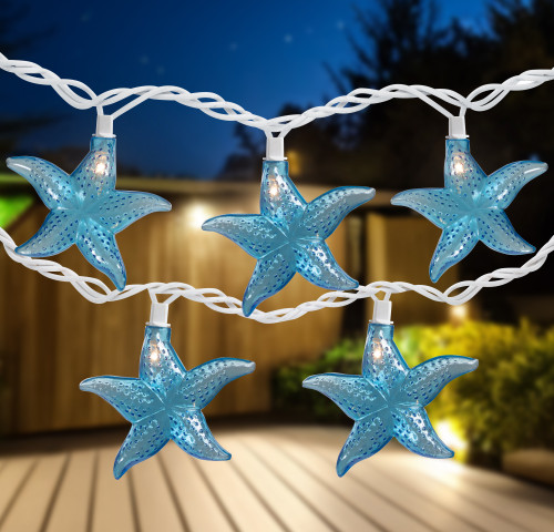 Set of 10 Blue Starfish Novelty String Lights - 9ft White Wire