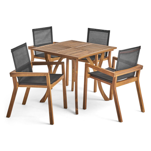 5-Piece Teak and Black Finish Square Wood Outdoor Furniture Patio Dining Set