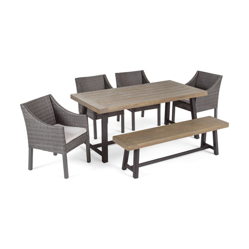 6-Piece Gray Finish Rectangular Wicker Outdoor Furniture Patio Dining Set - Silver Cushions