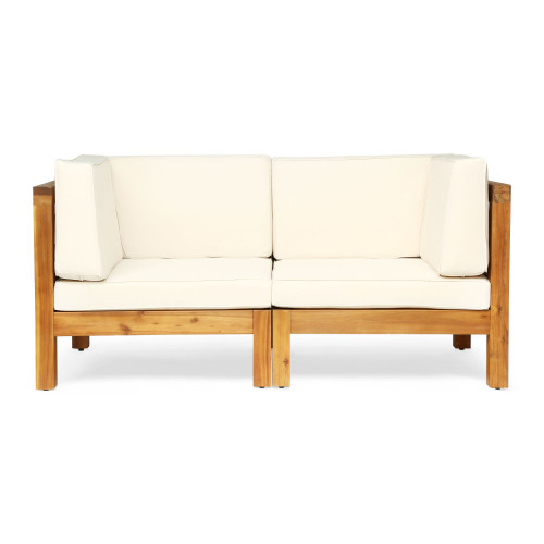 2-Piece Brown Wood Finish Outdoor Furniture Patio Loveseat - Beige Cushions