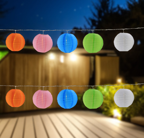 10-Count Colorful Summer Paper Lantern Lights, Clear Bulbs