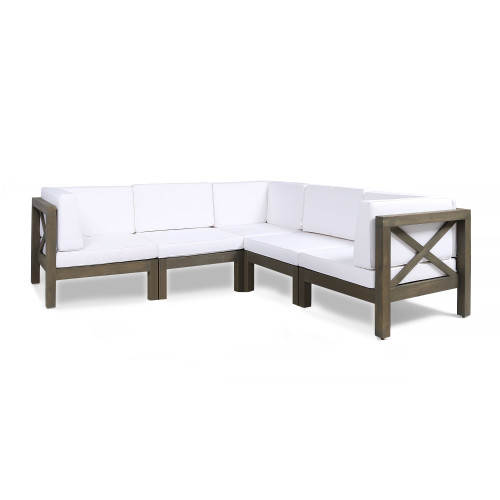 5-Piece Gray Contemporary Outdoor Furniture Patio Sectional Sofa Set - White Cushions