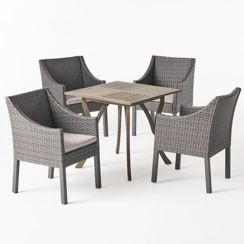 5-Piece Gray Wood and Wicker Outdoor Furniture Patio Dining Set - Silver Cushions
