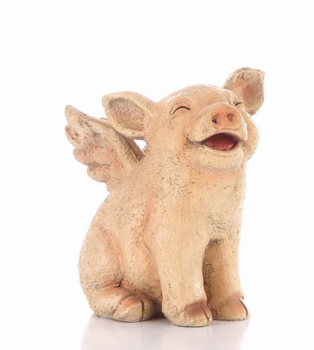 Laughing Pig with Wings Outdoor Garden Statue - 8.75" - Pink