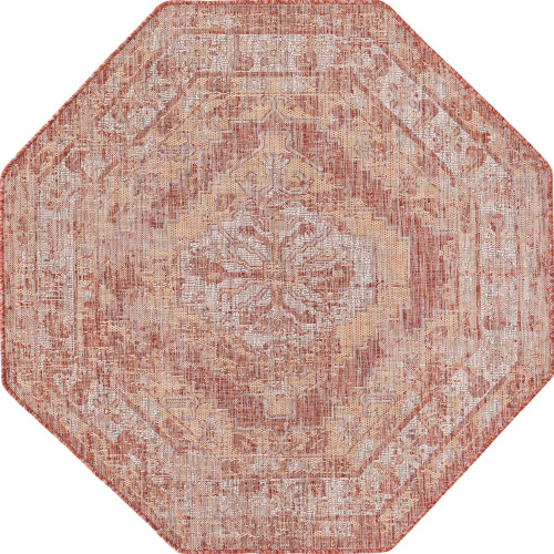 5.25' x 5.25' Rust Red and Beige Medallion Traditional Octagon Outdoor Area Throw Rug