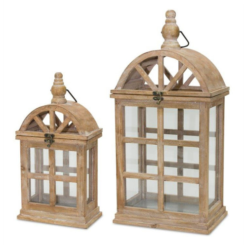 Set of 2 Brown and White Wooden Candle Lantern 21.5"