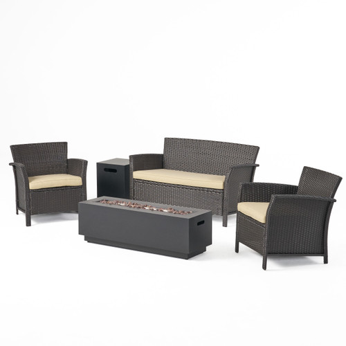 5pc Brown and Gray Outdoor Patio 4 Seater Chat Set with Fire Pit 51"