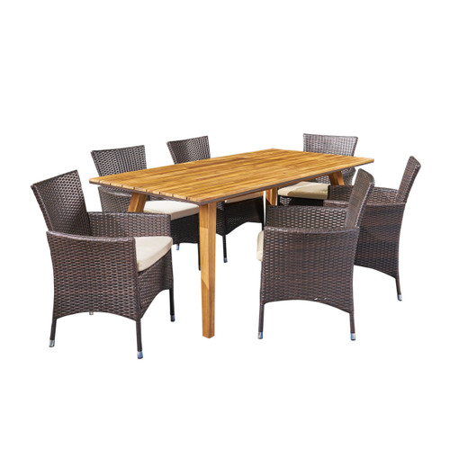 7-Piece Natural Brown Contemporary Outdoor Furniture Patio Dining Set - Beige Cushions