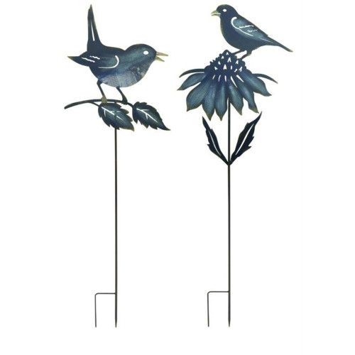 Perched Birds Metal Outdoor Garden Stakes - 50" - Set of 2