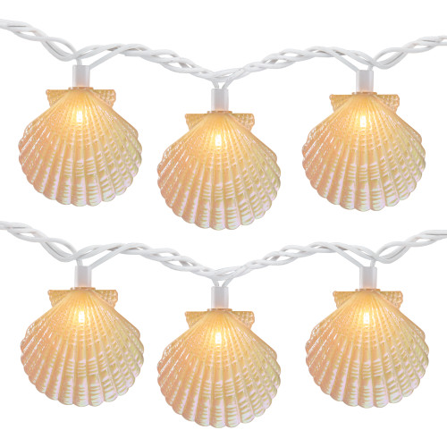 10 Count Iridescent Scalloped Seashell Novelty String Lights, 6.5 ft White Wire