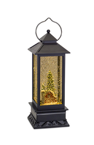10.5" Black and Gold Colored Glittering Snow Globe with Barn in Lantern