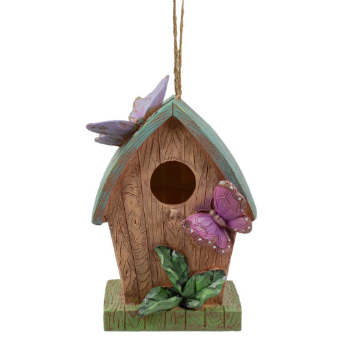 10" Brown and Green Hanging Birdhouse with Butterflies Outdoor Garden Decor