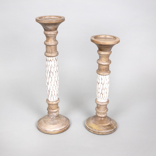 Set of 2 Brown and White Mango Wood Pillar Candle Holders 18.25"