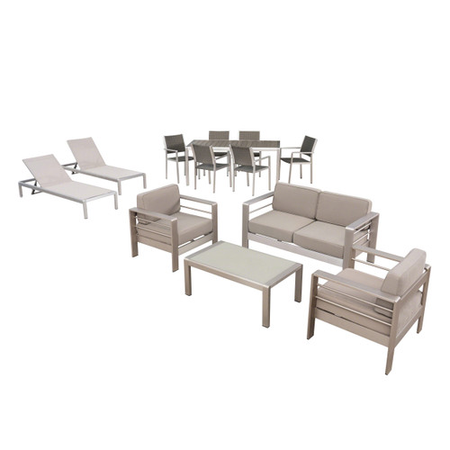 13-Piece Silver and Gray Contemporary Outdoor Furniture Patio Dining Set - Khaki Cushions