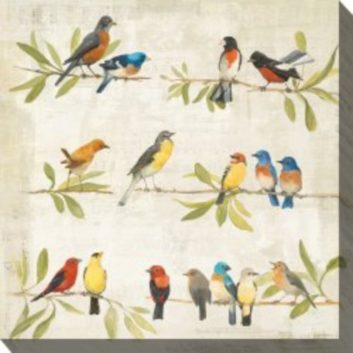 Beige and Green Birdsong Outdoor Canvas Square Wall Art Decor 24" x 24"