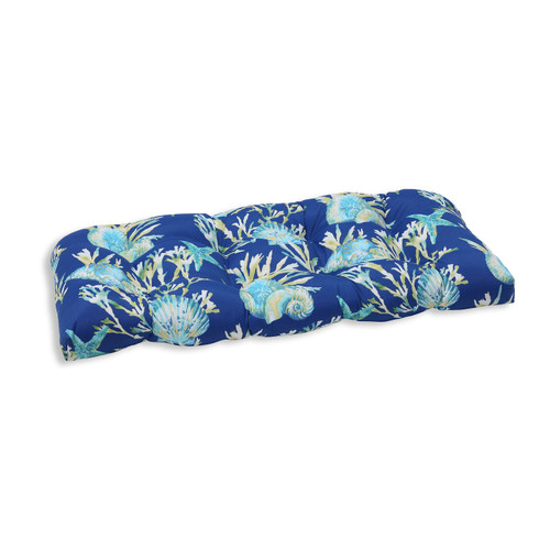 19" x 44" Blue and Green Reversible Outdoor Patio Tufted Wicker Loveseat Cushion