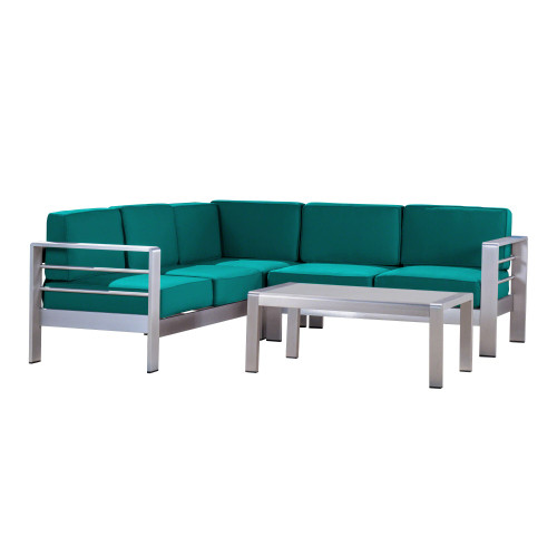 4-Piece Silver Finish Outdoor Furniture Patio Sectional Sofa Set - Teal Green Cushions