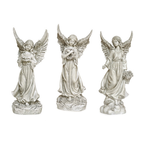 Set of 3 Gray Angel Cherubs with Flowers Outdoor Garden Statues 13"