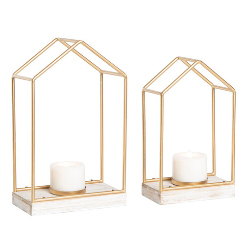 Set of 2 Gold and White Modern House Christmas Candle Lanterns 14.5"