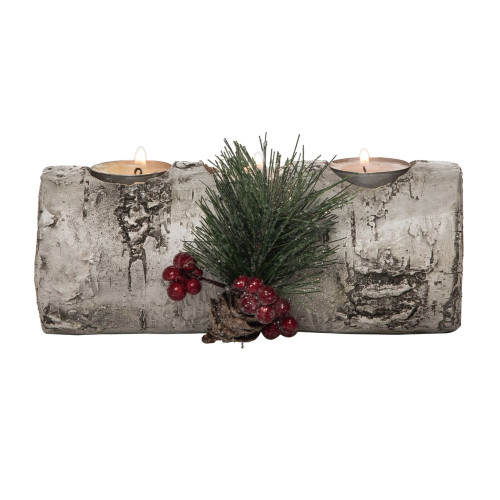 7.5" Gray and Green Christmas Birch Log Tealight Candle Holder