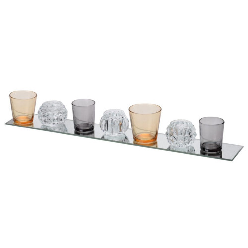 20.5" Clear and Champagne Seven-Votive Holders with Mirror Candle Plate