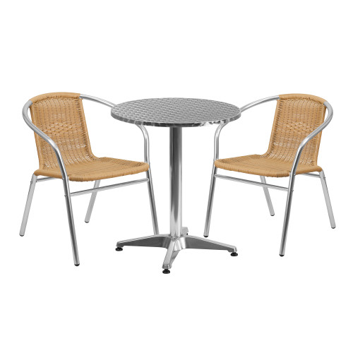 Cozy and Chic: 3-Piece Beige and Silver Round Outdoor Furniture Patio Table with Stack Chairs