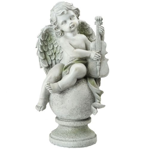 15.25" Ivory Sitting Cherub Angel on a Finial Playing Instrument Outdoor Garden Statue