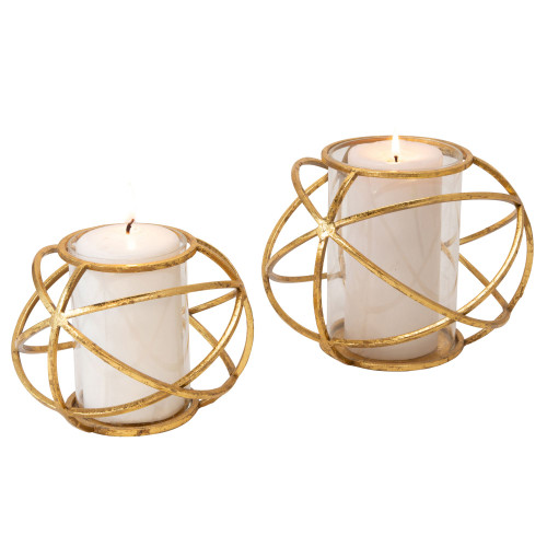 Set of 2 Gold Distressed Finish Glass Orb Candle Holders 8"