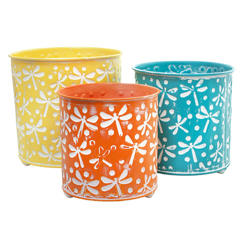 Set of 3 Vibrant colored Dragonfly She Shed Metal Pot Planters 7.5"