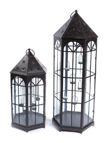 Set of 2 Black Metal & Glass Tea Light Candle Lanterns 39" - Elegant Indoor/Outdoor Decor