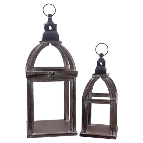 Set of 2 Brown and White Gothic Wooden Lanterns