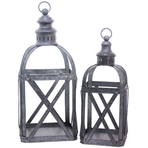 Set of 2 Gray Galvanized Open Lanterns