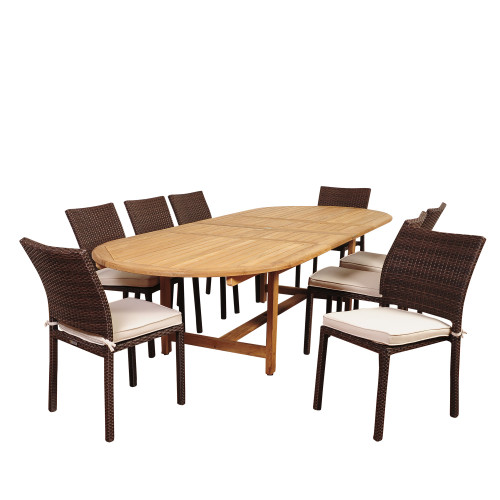 9-Piece Brown Noah Teak Oval Double Extendable Outdoor Patio Dining Set 118" - Off-White Cushions