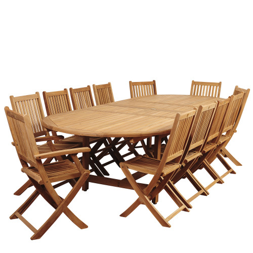 13-Piece Brown Highland Park Teak Oval Double Extendable Outdoor Patio Dining Set 118"