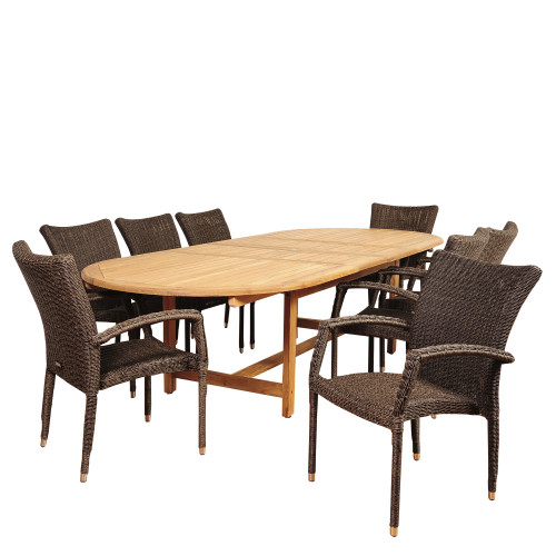 9-Piece Brown and Gray Ocean Grove Teak Oval Double Extendable Outdoor Patio Dining Set 118"