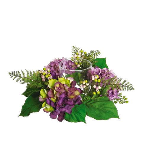 16" Decorative Artificial Purple and Green Hydrangea and Berry Hurricane Glass Candle Holder