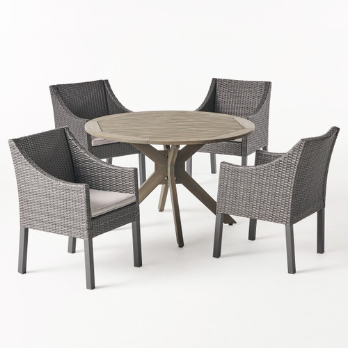 5-Piece Gray Finish Wood and Wicker Outdoor Furniture Patio Dining Set - Silver Cushions