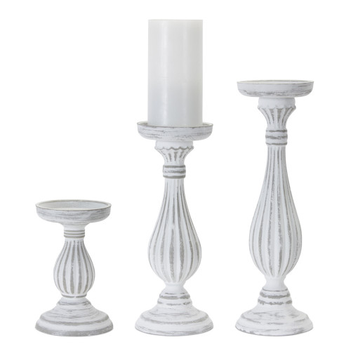 Set of 3 Distressed White Pillar Candle Holders 13.5"