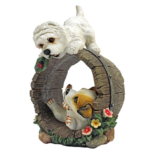 15" Puppy Dogs Playing Hand Painted Outdoor Garden Statue
