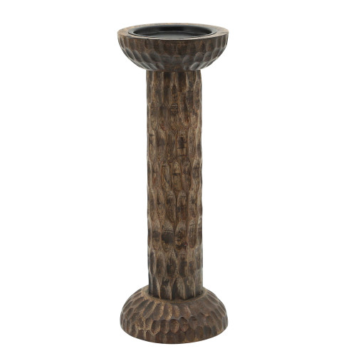 12" Brown Hammered Mango Wood Pillar Candle Holder