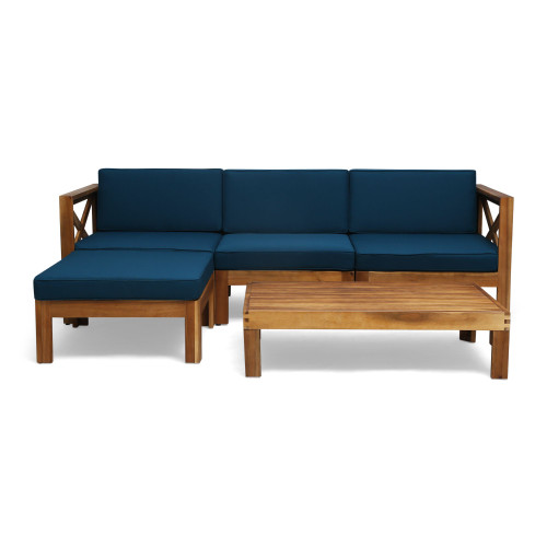 5-Piece Brown Contemporary Outdoor Furniture Conversation Set - Blue Cushions