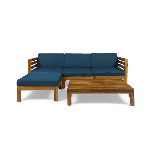 5-Piece Teak Finish Wood Outdoor Furniture Patio Sofa Set - Dark Teal Cushions